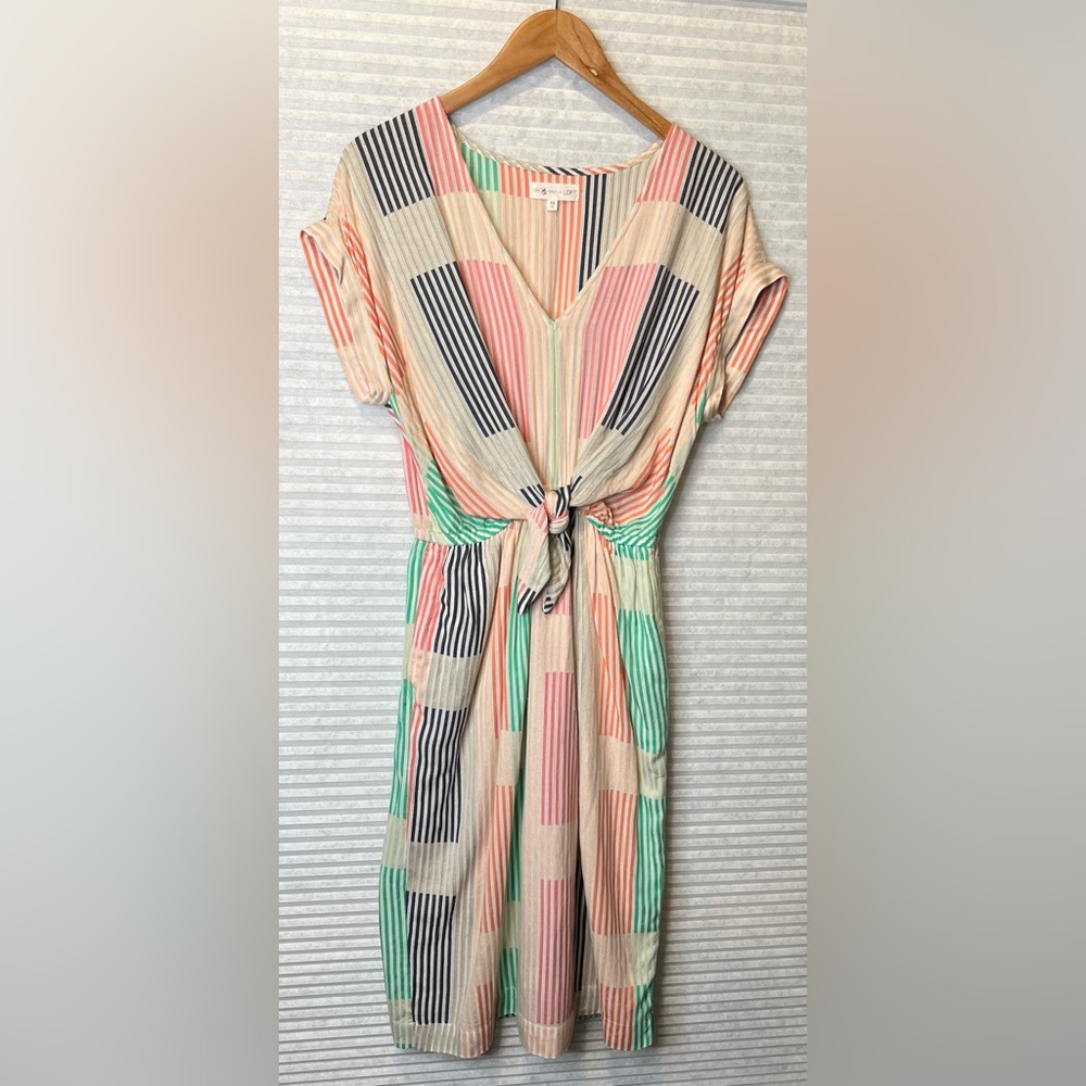Lou & Grey Cream Multicolor Striped Tie-Front Midi Dress